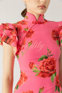 Cheongsam Style Rose Floral Print Tiered Flare Sleeve Stretch Maxi Dress