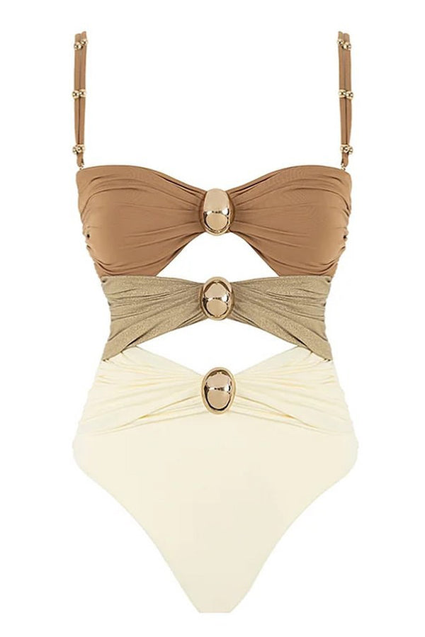 Color Block Patchwork Hollow Metal Decorative Stretch One-piece Swimsuit