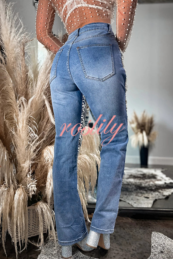 Stylish Multi-layered Pearl Chain Ripped Pocket Straight Jeans