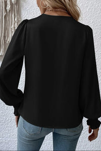 Satin Solid Color V-neck Lantern Sleeve Elegant Loose Shirt