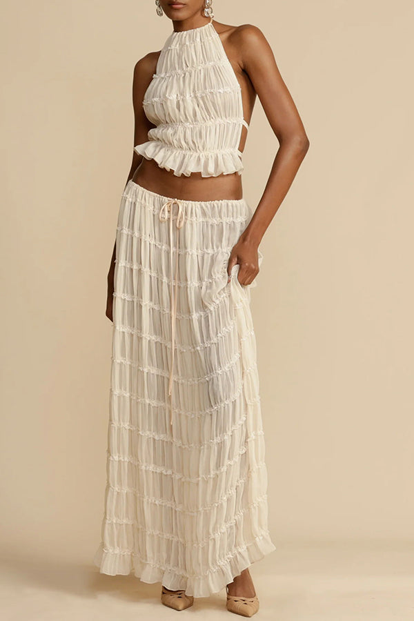 Versatility and Vintage Charm Pleated Drawstring Waist Tiered Maxi Skirt