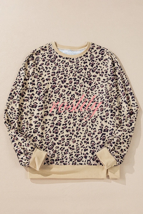 Leopard Print Crew Neck Patchwork Long sleeve Casual Loose Sweatshirt