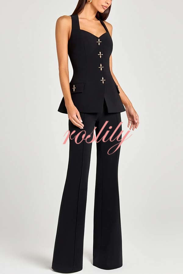 Women Power Metal Cross Snap Button Sweetheart Neck Wide Strap Vest