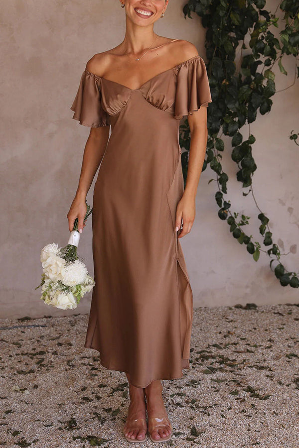 Pure Love Satin Butterfly Sleeve Slit Midi Dress