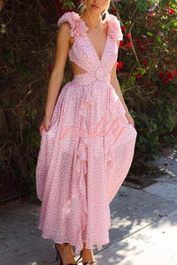 Wedding Dreams Chiffon Printed Flutter Sleeve Cutout Back Lace-up Maxi Dress