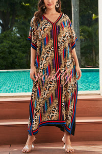 Unique Tie-dye Print V-neck Loose Holiday Cover-up Maxi Dress