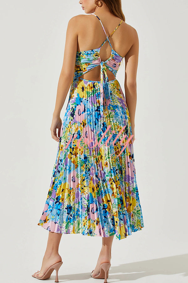 Wedding Party Season Floral Print Pleated Back Tie-up Midi Dress