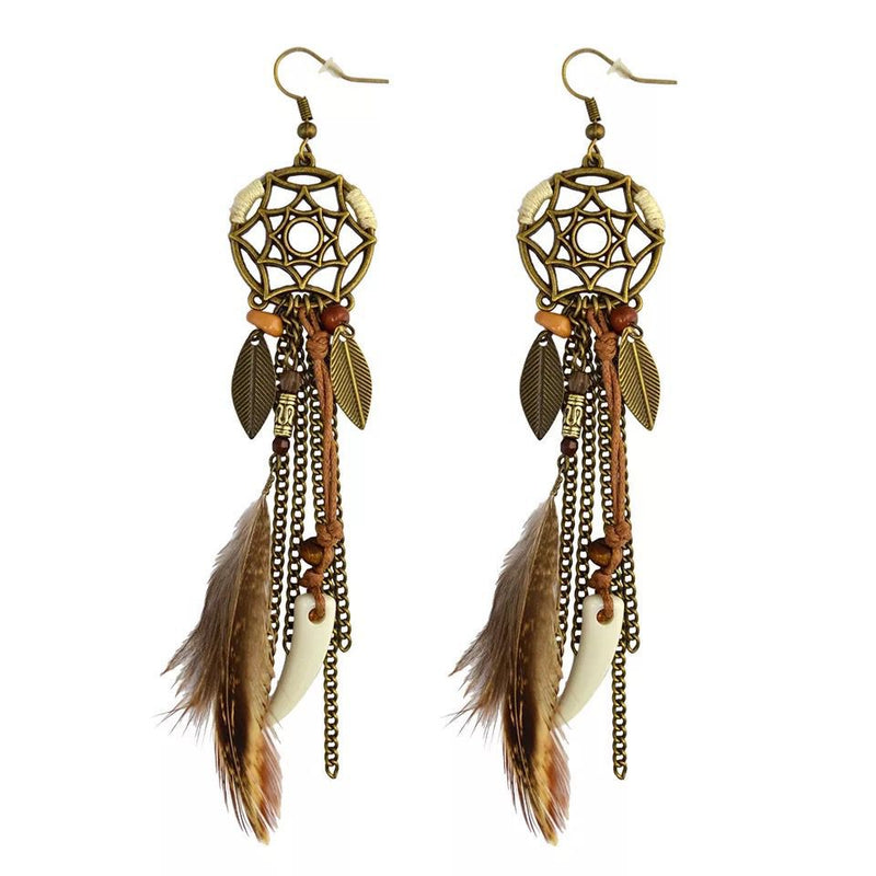 Boho Vintage Colorful Feather Tassel Dangle Drop Earrings