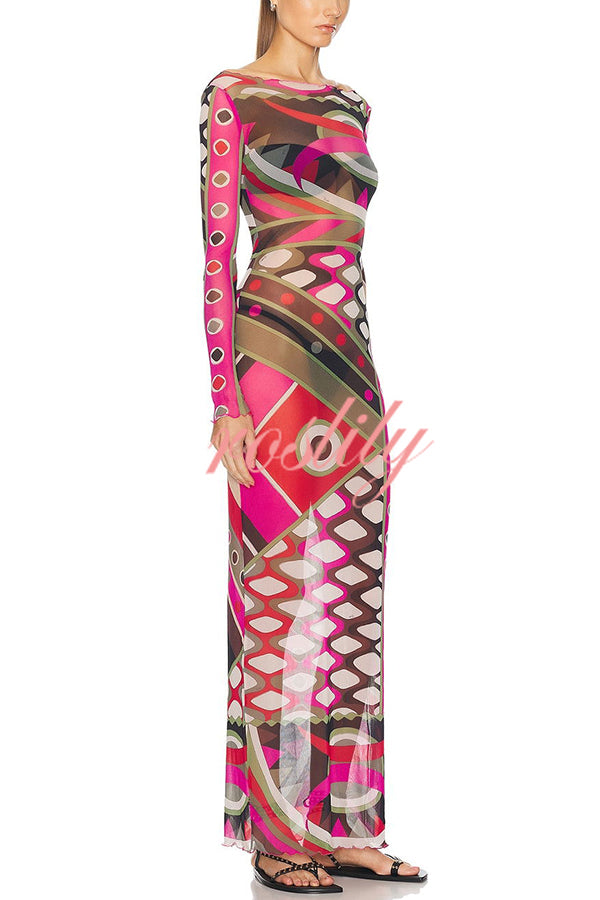 Gypsy Girl Mesh Unique Print Wide Neck Long Sleeve Stretch Maxi Dress