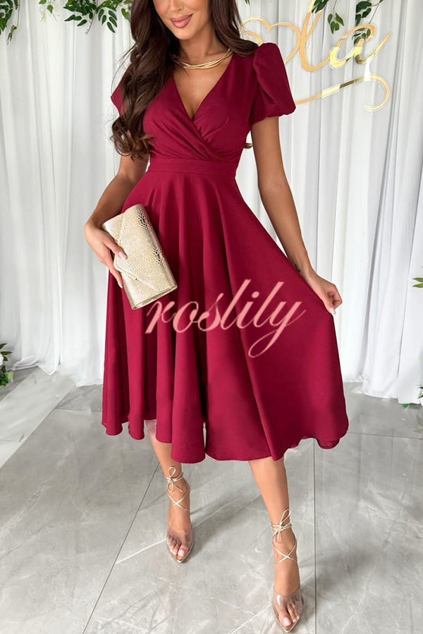 Zayla Solid Color Puff Sleeve V-neck Waist Slim Fit Midi Dress