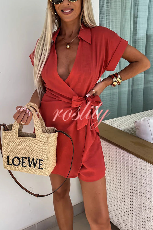 Relaxing Beach Linen Blend Solid Color Wrap Loose Shirt Romper