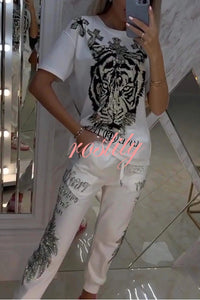 Stylish Tiger Print Short Sleeve Crew Neck Top and Elastic Waist Pocket Pants Set