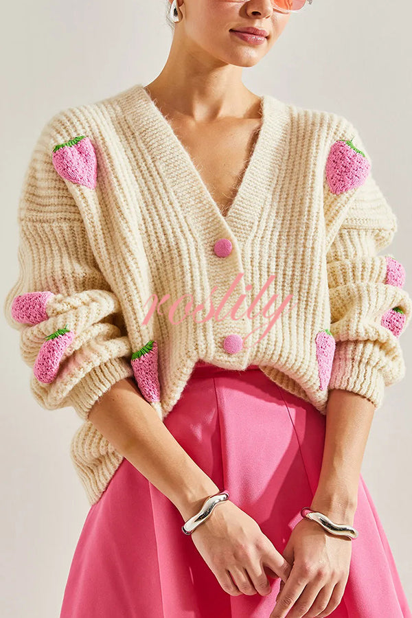 Stylish and Sweet V-neck Strawberry Embellished Knitted Cardigan