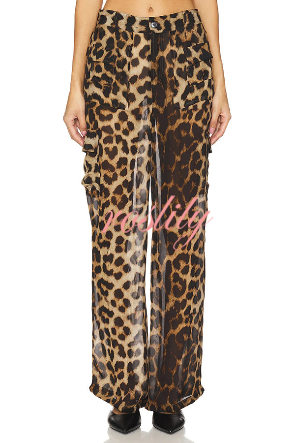 Minka Chiffon Leopard Elastic Waist Pocketed Loose Cargo Pants