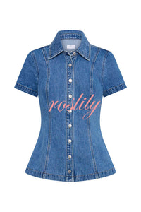 Modern Flavor Denim Short Sleeve Button Up Princess Seams Stretch Top