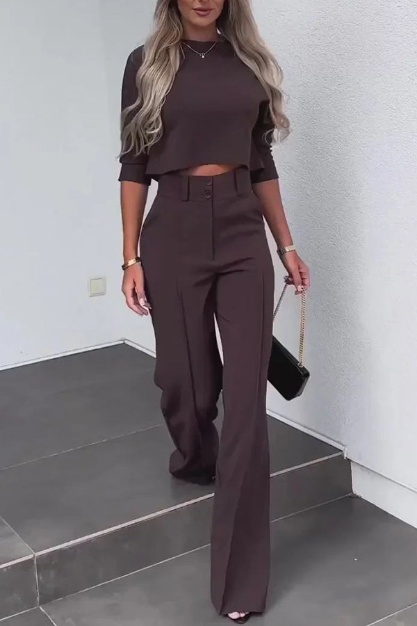 Luisa High Neck Half Sleeve Crop Top and High Rise Pocketed Flare Pants Set