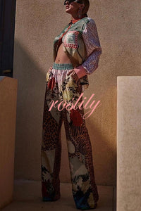 Tropical Jungle Tiger Unique Print Long Sleeve Loose Shirt and Elastic Waist Pants Set