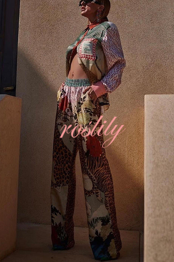 Tropical Jungle Tiger Unique Print Long Sleeve Loose Shirt and Elastic Waist Pants Set