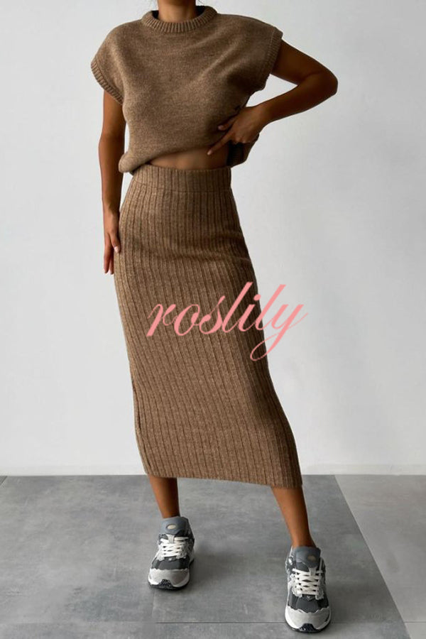 Triko Knit Short Sleeve Sweater and Stretch Ribbed Midi Skirt Set