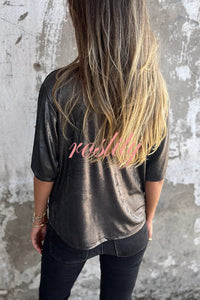 Metallic Solid Color Round Neck Short-sleeved Loose T-shirt