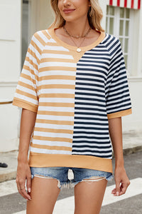 Striped Color Block Print Crew Neck Short Sleeve Loose Top