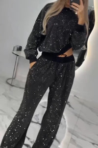 Stylish Shiny Long-sleeved Crew Neck Loose Top and Elastic Waist Drawstring Wide Leg Pants Set