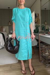 Ultra-comfortable Linen Blend Half Sleeve Front Button Detail Relaxed Pocket Midi Dress