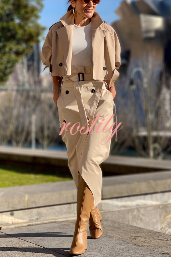 Work Style Lapel Long Sleeve Jacket and Button Belt Pocketed Slit Midi Skirt Set