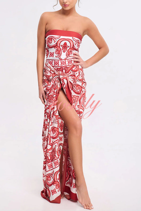 Summer Lovin Unique Royal Print Strapless One Piece Stretch Swimsuit and Pareo