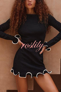 Fashionable Rolled Hem Round Neck Long Sleeve Slim Fit Mini Dress