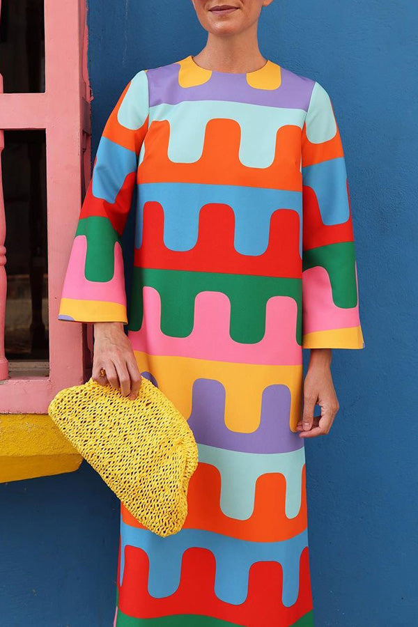 Bright Day Colorful Ripple Print Side Slit Midi Dress