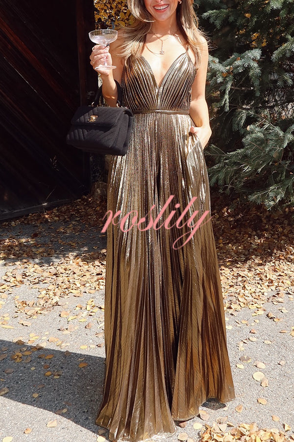 Disco Fashion Metallic Fabric Pleated Pocket Slip Wide Leg Jumpsuit