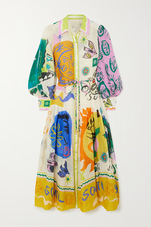 Boldness and Art Linen Blend Unique Print Balloon Sleeve Patchwork Shirt Midi Dress