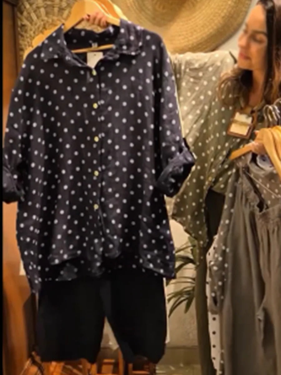 Polka Dot Linen And Cotton Shirt And Trousers Two-piece Set