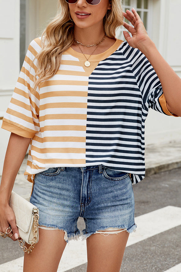 Striped Color Block Print Crew Neck Short Sleeve Loose Top