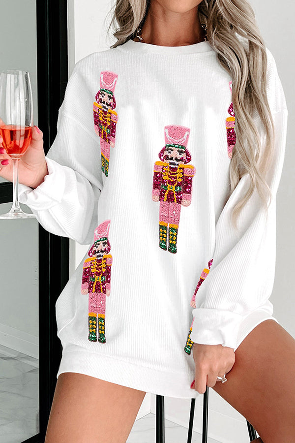 Christmas Soldier Sequin Loose Casual Long Sleeve Sweatshirt