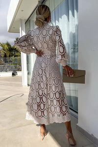 Romantic, Sensual and Elegant Crochet Lace Lantern Sleeve Party Midi Dress