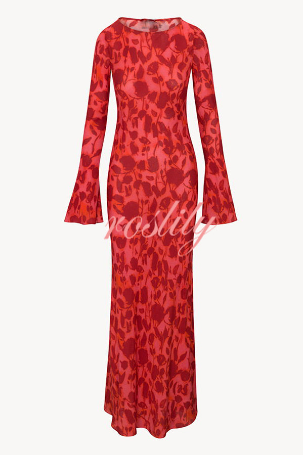 Gia Unique Print Boat Neck Long Bell Sleeve Bias Cut Maxi Dress