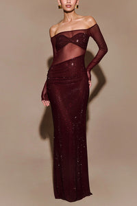 Forever Shimmering Sequin Mesh Patchwork Long Sleeve Strapless Stretch Maxi Dress