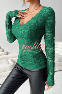 Solid Color Lace V-neck Long-sleeved Slim-fit Top