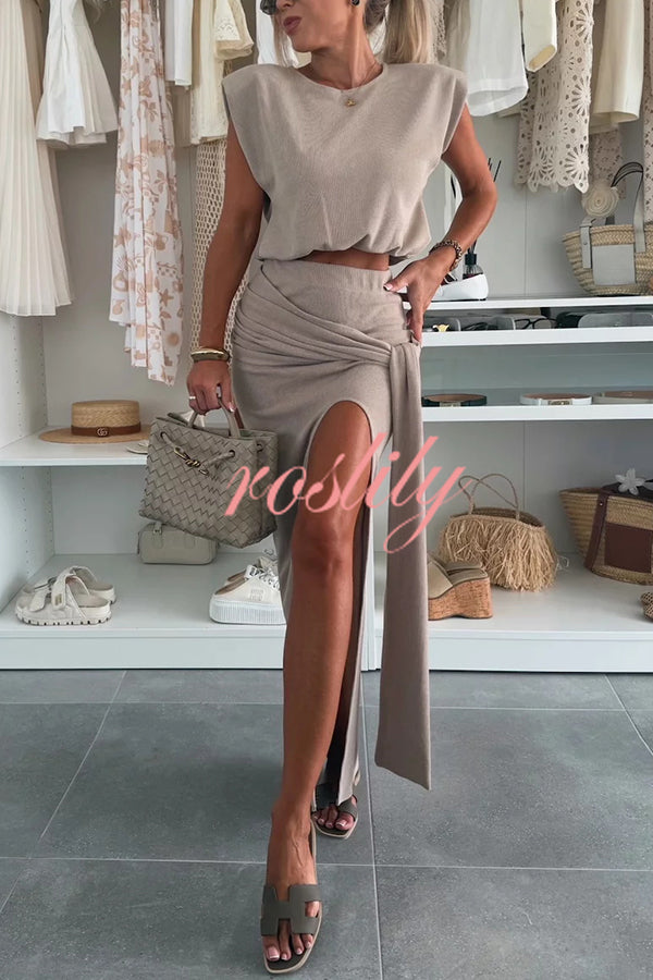 Comfortable Stylish Round Neck Sleeveless Casual Top and Elastic Waist Ruched Tie Slit Midi Skirt Set