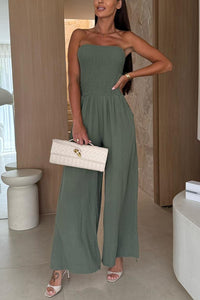 Linen Blend Solid Color Off-the-shoulder Pleated Casual Pocket Wide-leg Jumpsuit