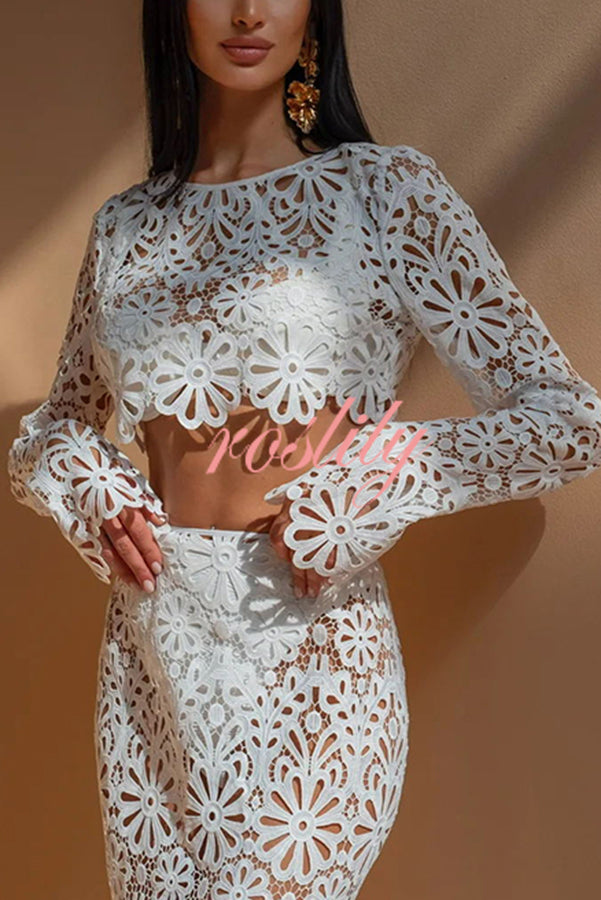 Balmy Summers Crochet Lace Floral Pattern Long Sleeve Crop Vacation Top