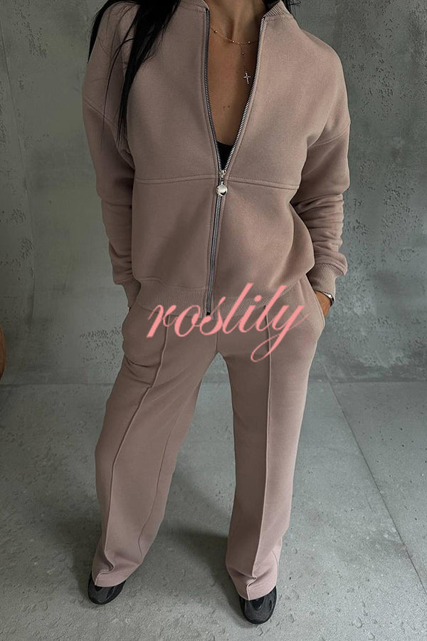 Solid Color Casual Long Sleeve Zipper Jacket and Elastic Waist Pocket Wide Leg Pants Set