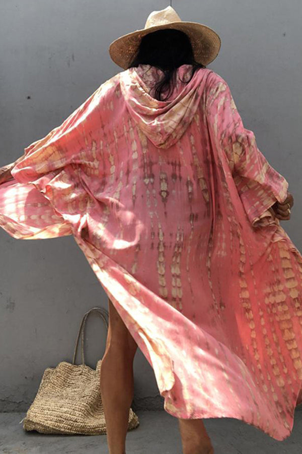 Boho Tie-dye Print Hooded Kimono Cover-up