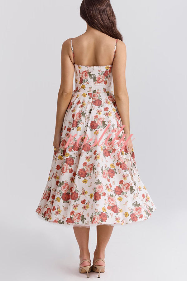 Fairy Tale Gorgeous Italian Rose Print Tulle Pocketed Slip Midi Dress