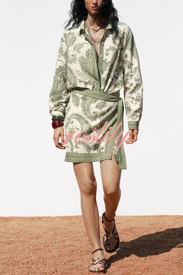 Blend Into Leaves Linen Blend Unique Print Long Sleeve Blouse and Wrap Tie-up Mini Skirt Set