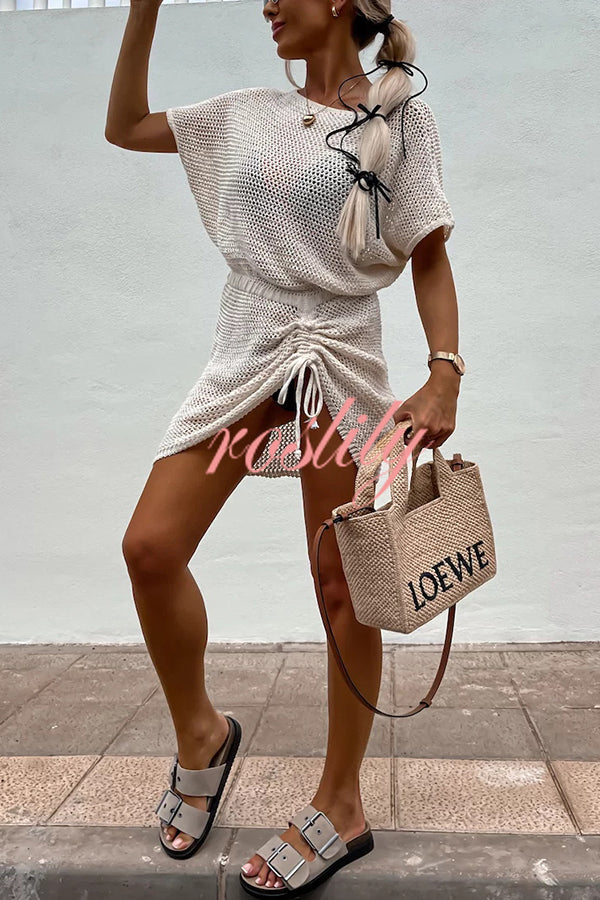 Solid Color Knitted Cutout Lace Up Crew Neck Mini Dress