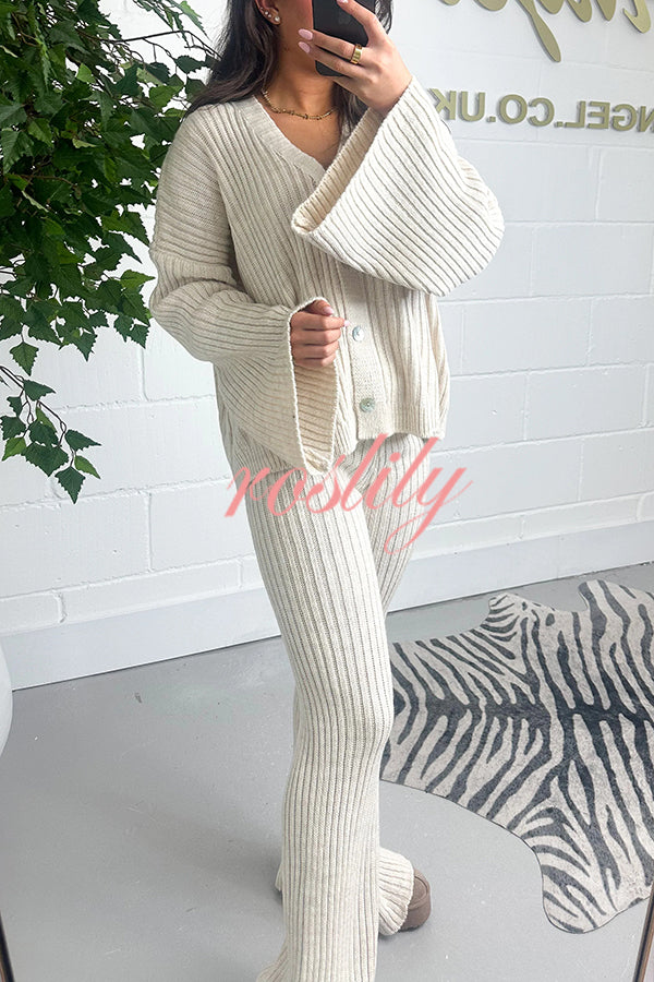 Solid V-neck Ribbed Knit Button Up Top and Elastic Waist Wide Leg Pants Set