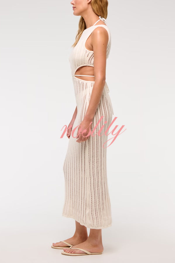 Beach Day Crochet Knit Cutout Waist Coverup Stretch Maxi Dress